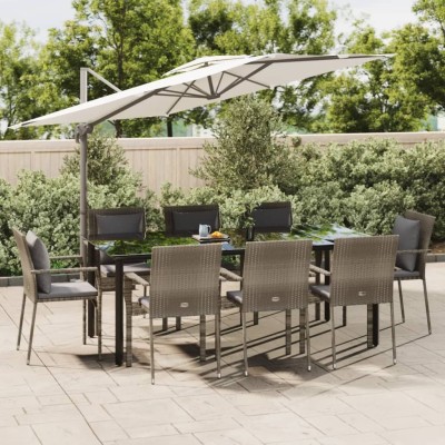 Set comedor jardín 9 pzas y cojines ratán sintético negro gris