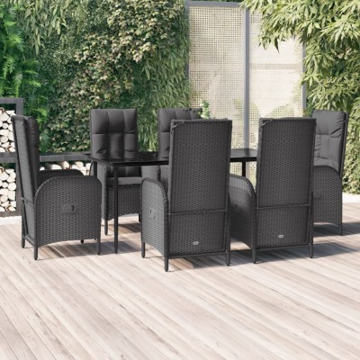 Set de comedor de jardín 7 pzas y cojines ratán sintético negro
