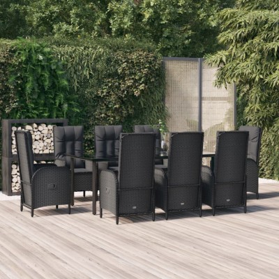 Set de comedor de jardín 9 pzas y cojines ratán sintético negro