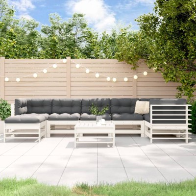 Juego de muebles jardín 8 pzas y cojines madera maciza blanco