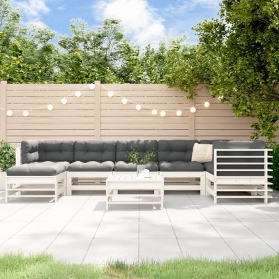 Juego de muebles jardín 8 pzas y cojines madera maciza blanco