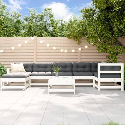 Juego de muebles jardín 8 pzas y cojines madera maciza blanco