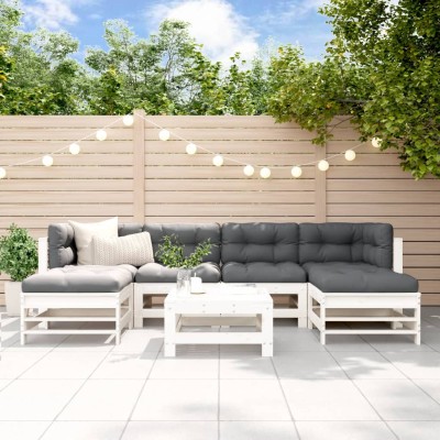 Juego de muebles jardín 7 piezas y cojines madera maciza blanco