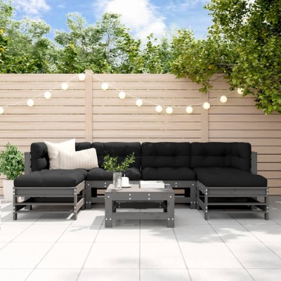 Juego de muebles de jardín 7 pzas y cojines madera maciza gris