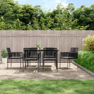 Set comedor jardín 7 pzas y cojines acero ratán sintético negro