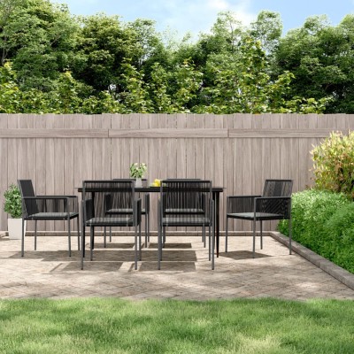 Set comedor jardín 7 pzas y cojines acero ratán sintético negro