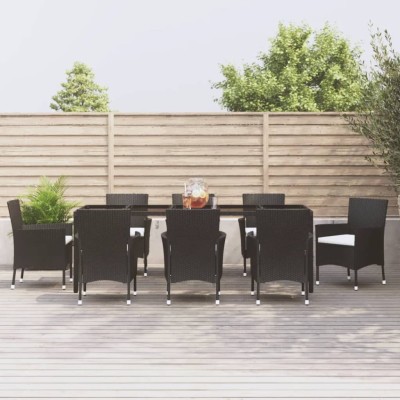 Set de comedor de jardín 9 pzas y cojines ratán sintético negro