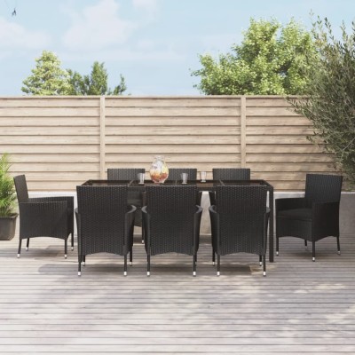 Set de comedor de jardín 9 pzas y cojines ratán sintético negro
