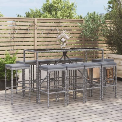 Mesa y taburetes altos jardín 11 piezas y cojines ratán PE gris