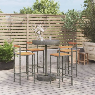 Mesa bar y taburetes jardín 5 pzas madera acacia ratán PE gris