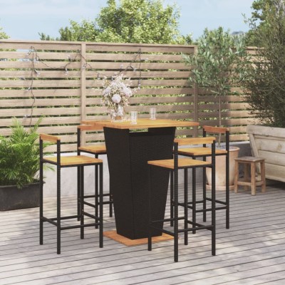Mesa bar y taburetes jardín 5 pzas madera acacia ratán PE negro