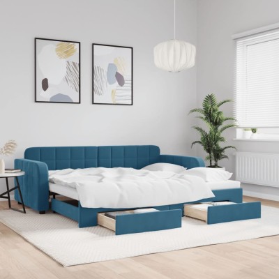 Sofá cama nido con cajones terciopelo azul 90x200 cm