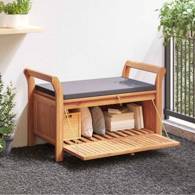 Banco almacenaje jardín con cojín madera maciza de acacia 91 cm