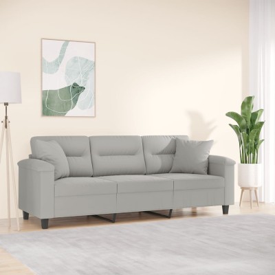 Sofá de 3 plazas con cojines tela microfibra gris claro 180 cm