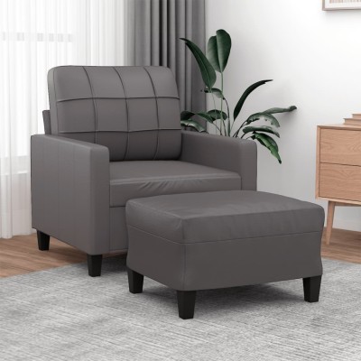 Sillón con taburete cuero sintético gris 60 cm