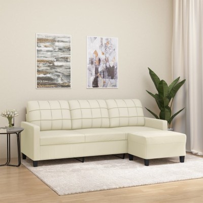 Sofá de 3 plazas con taburete cuero sintético crema 180 cm