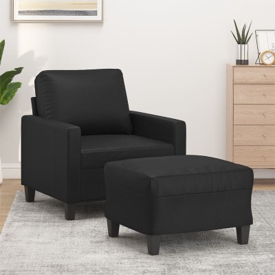 Sillón con taburete cuero sintético negro 60 cm