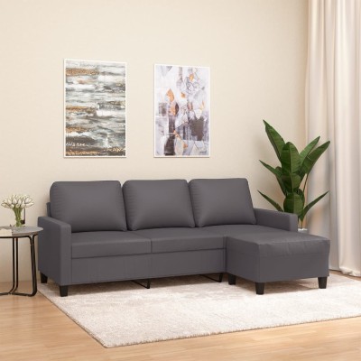 Sofá de 3 plazas con taburete cuero sintético gris 180 cm
