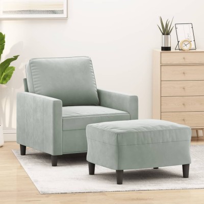 Sillón con taburete terciopelo gris claro 60 cm