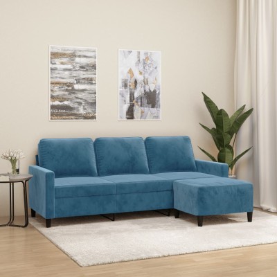 Sofá de 3 plazas con taburete de terciopelo azul 180 cm