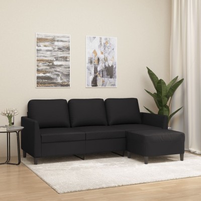 Sofá de 3 plazas con taburete cuero sintético negro 180 cm