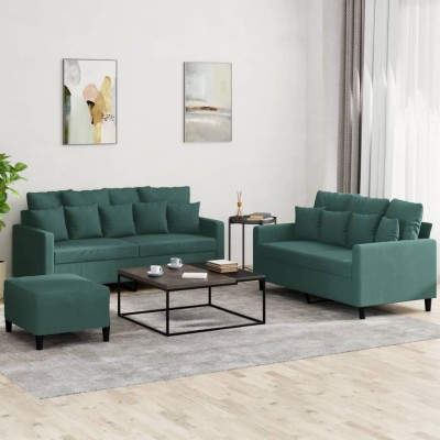 Juego de sofás con cojines 3 piezas terciopelo verde oscuro