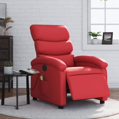 Sillón de masaje reclinable eléctrico de cuero artificial rojo