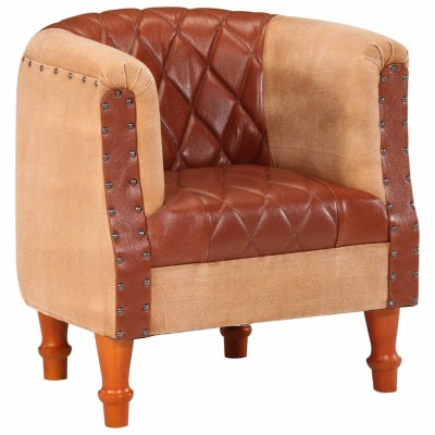 Sillón de cuero auténtico y madera maciza de mango marrón