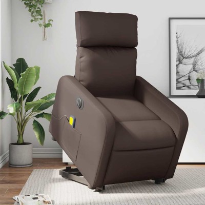 Sillón de masaje elevable eléctrico cuero sintético marrón
