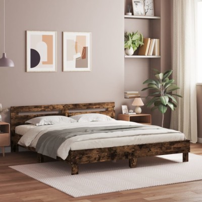 Cama con cabecero madera de ingeniería roble ahumado 200x200 cm
