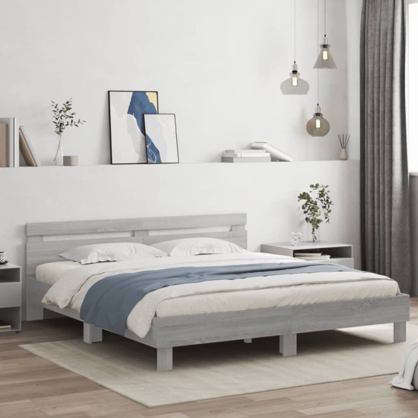 Cama con cabecero madera de ingeniería gris Sonoma 160x200 cm