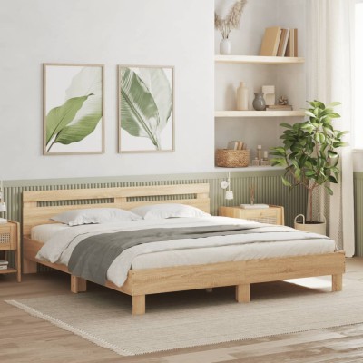 Estructura de cama cabecero y luces LED roble Sonoma 200x200 cm