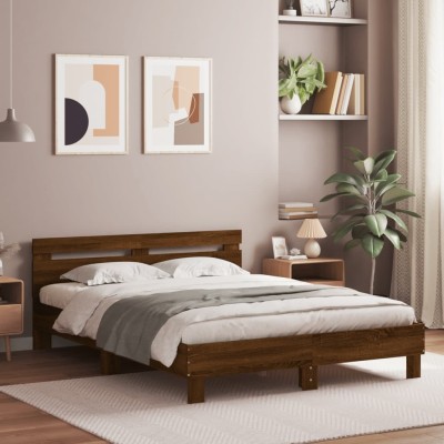 Estructura de cama cabecero y luces LED marrón roble 150x200 cm