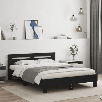 Estructura de cama con cabecero y luces LED negro 140x200 cm