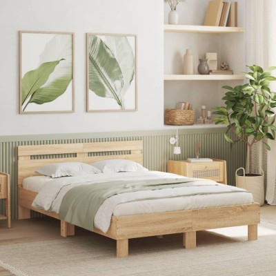 Estructura de cama cabecero y luces LED roble Sonoma 120x200 cm