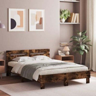 Estructura de cama cabecero y luces LED roble ahumado 120x190cm