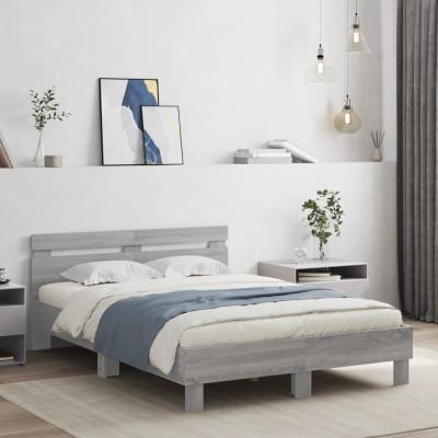 Estructura de cama cabecero y luces LED gris Sonoma 120x190 cm