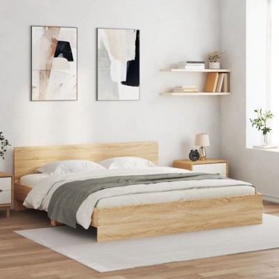 Estructura de cama cabecero y luces LED roble Sonoma 200x200 cm
