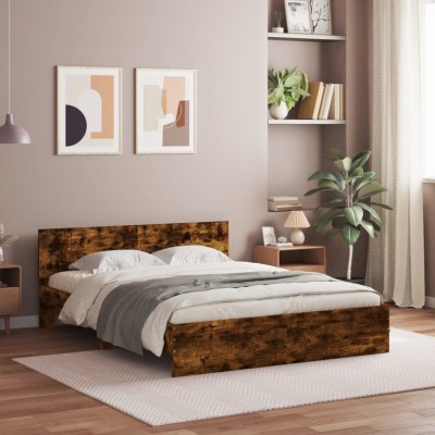 Estructura de cama cabecero y luces LED roble ahumado 160x200cm