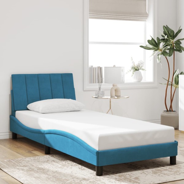 Estructura cama con cabecero terciopelo azul 90x190 cm