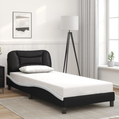 Estructura cama cabecero cuero sintético negro blanco 90x200 cm