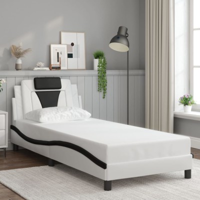 Estructura cama cabecero cuero sintético blanco negro 90x200 cm