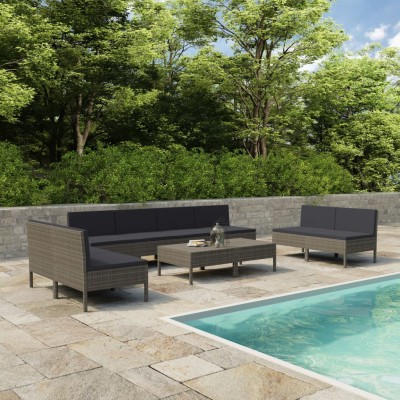 Set de muebles de jardín 10 pzas y cojines ratán sintético gris
