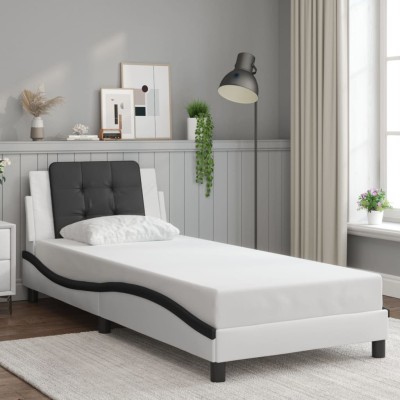 Cama con cabecero cuero sintético blanco y negro 80x200 cm