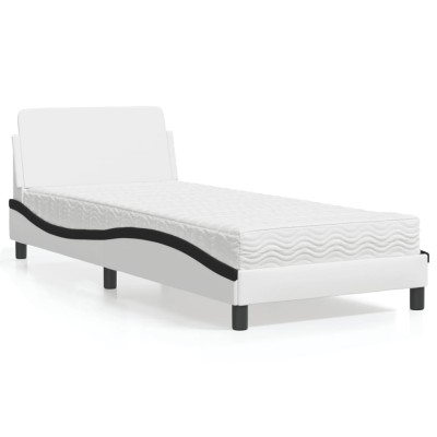 Cama con colchón cuero sintético blanco y negro 80x200 cm