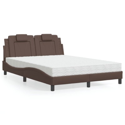 Cama con colchón cuero sintético marrón 140x190 cm