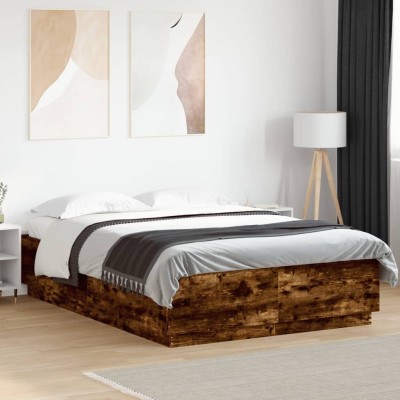 Estructura cama con luces LED madera roble ahumado 150x200 cm
