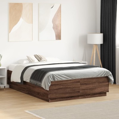 Estructura cama con luces LED madera roble marrón 135x190 cm