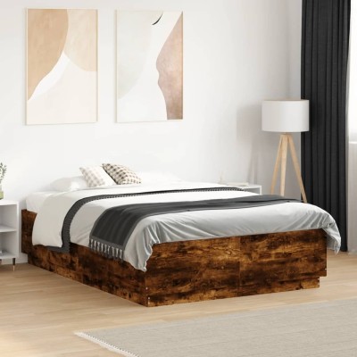 Estructura cama con luces LED madera roble ahumado 120x190 cm