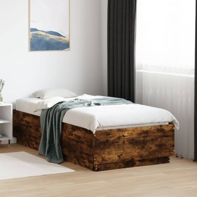Estructura cama con luces LED madera roble ahumado 75x190 cm